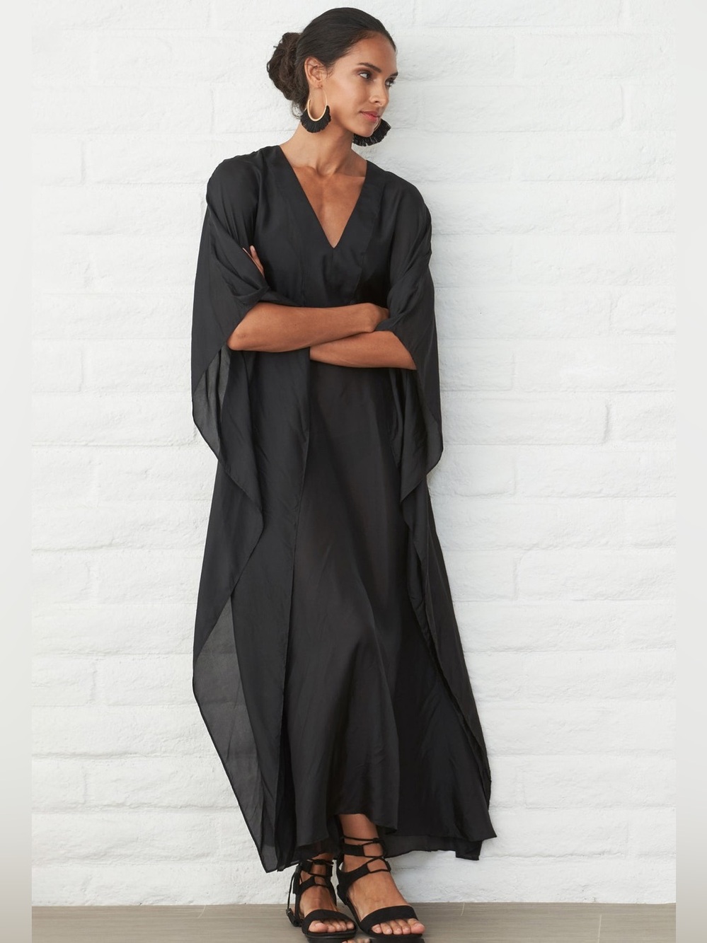 ocean+main NWT Silk V-Neck Placket Long Caftan Dress L/XL Sustainable Luxury